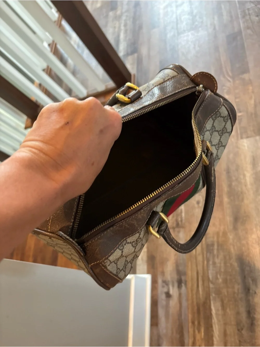 Gucci Brown GG Supreme Satchel with Green & Red Web Stripe